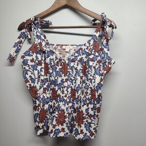 Let Me Be Top Women Size Small Blue Brown Sleeveless Floral Feminine Fall Casual